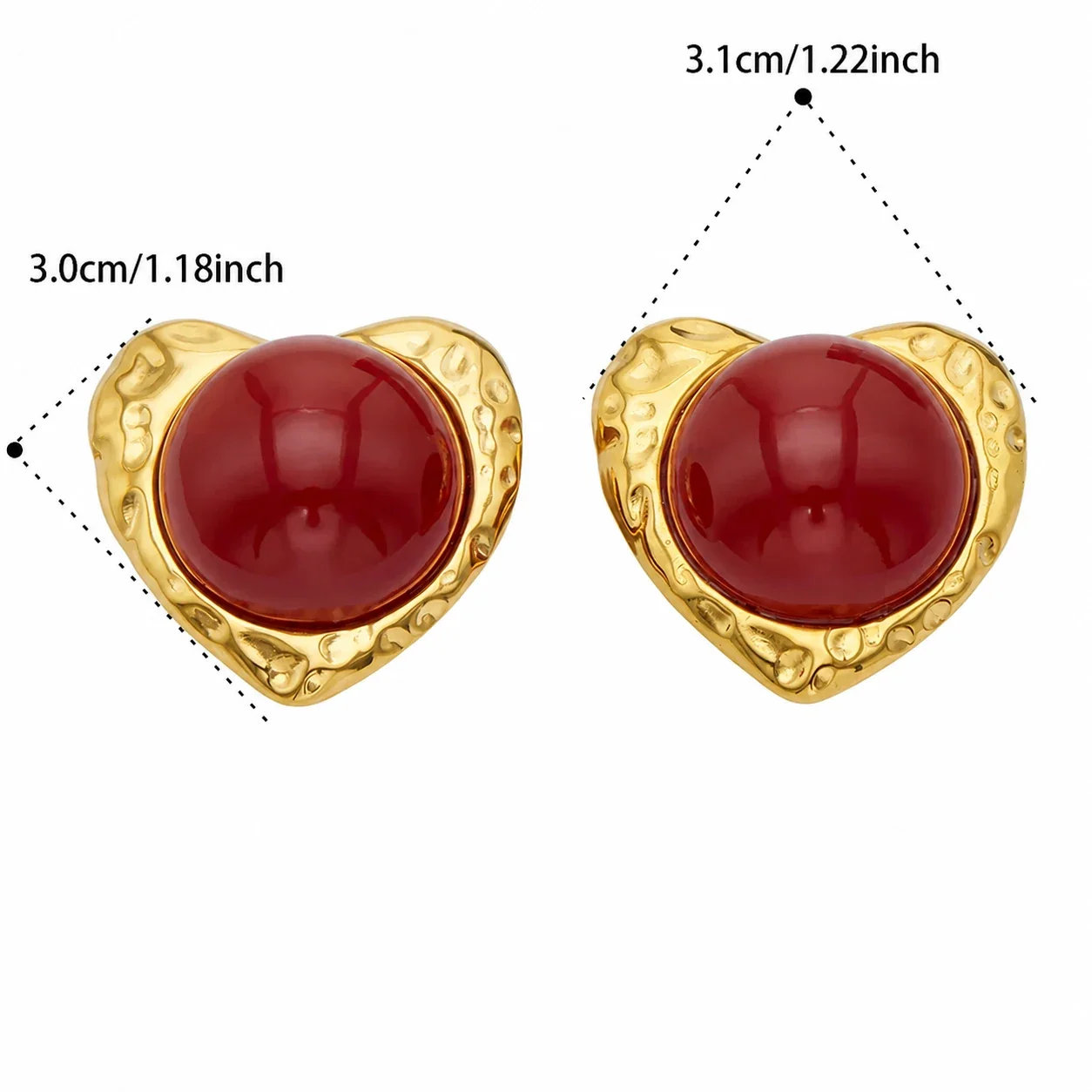 Bold Hammered Heart Dome 18K Gold-Plated Stud Earrings - Gold Red Pearl-Effect