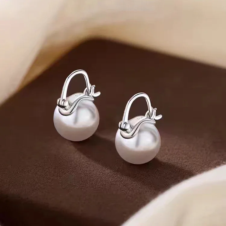 Petite Arched Hoop 925 Sterling Silver Pearl Drop Earrings