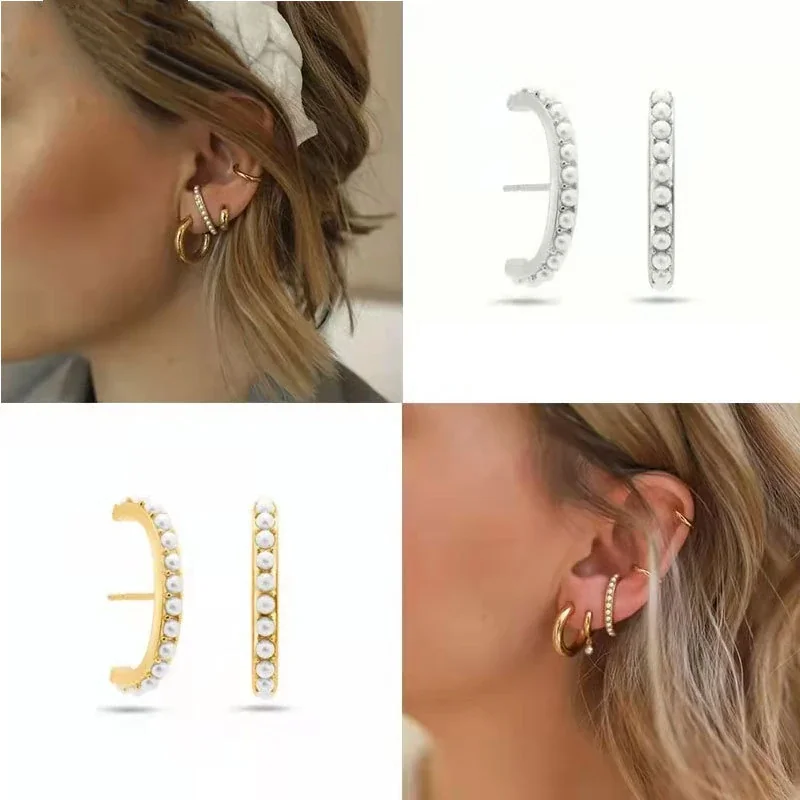 Sculptural Copper Pearl-Set Open C-Hoop Stud Earrings