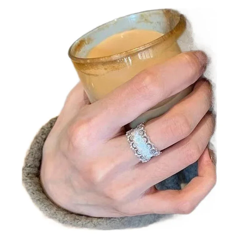 Ornate Silver-Plated Copper Scalloped Lace Wide Ring