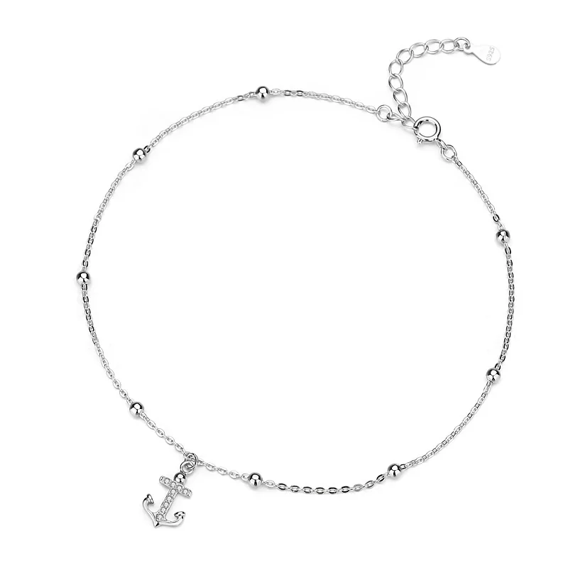 Nautical 925 Sterling Silver Pavé Anchor Bead Anklet