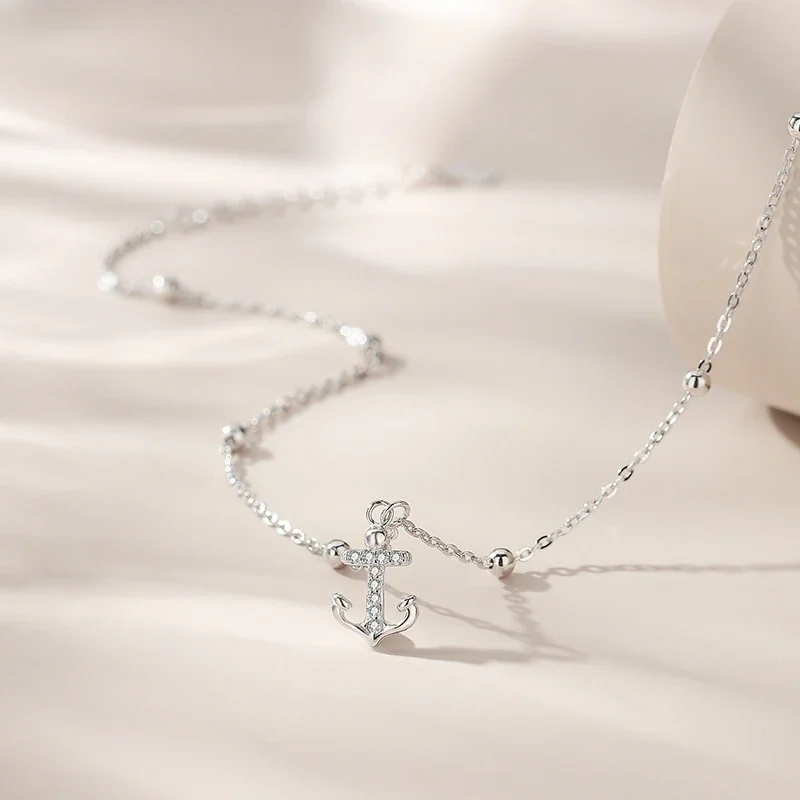 Nautical 925 Sterling Silver Pavé Anchor Bead Anklet