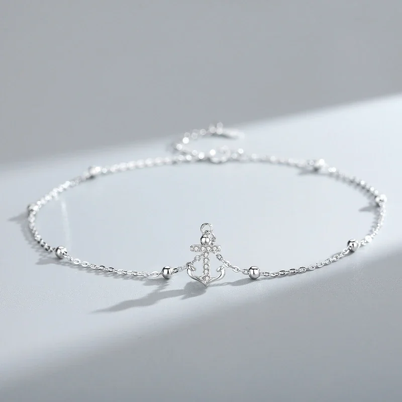 Nautical 925 Sterling Silver Pavé Anchor Bead Anklet - Silver