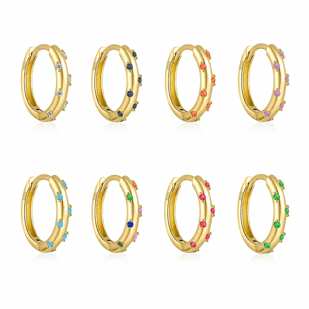 Colorful Gold-Plated Round Stone Huggie Hoop Earrings