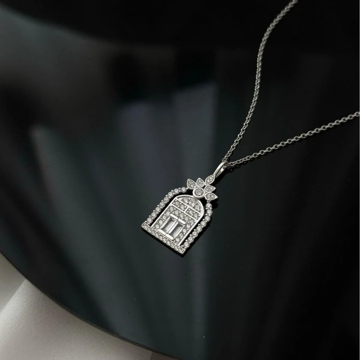 Ornate 925 Sterling Silver Castle Gate Pavé Necklace