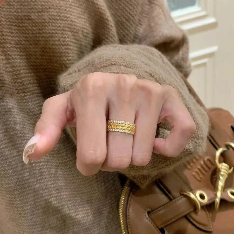 Ornate Wheat-Etched Gold-Plated Copper Pavé Band Ring