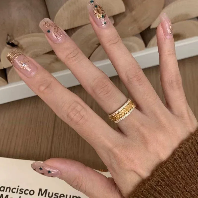 Ornate Wheat-Etched Gold-Plated Copper Pavé Band Ring