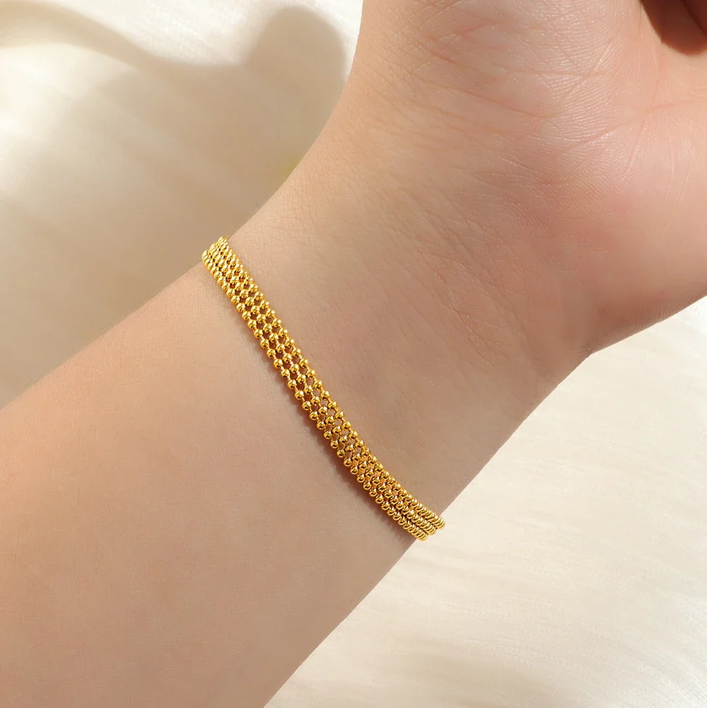 Three-Row 18K Gold-Plated Stainless Steel Bead Bracelet