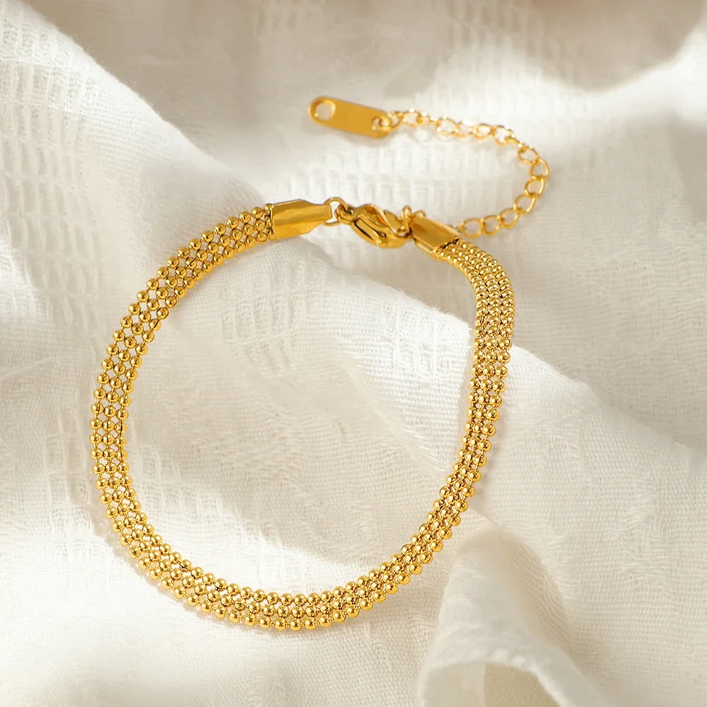 Three-Row 18K Gold-Plated Stainless Steel Bead Bracelet