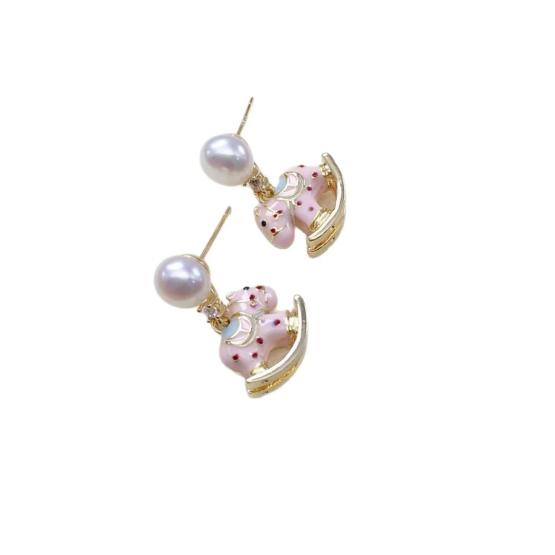 Playful Gold-Plated Rocking Horse Freshwater Pearl Drop Earrings