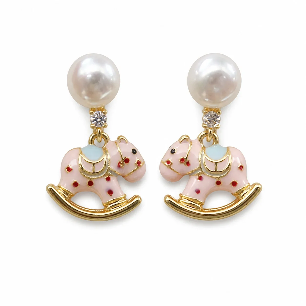 Playful Gold-Plated Rocking Horse Freshwater Pearl Drop Earrings