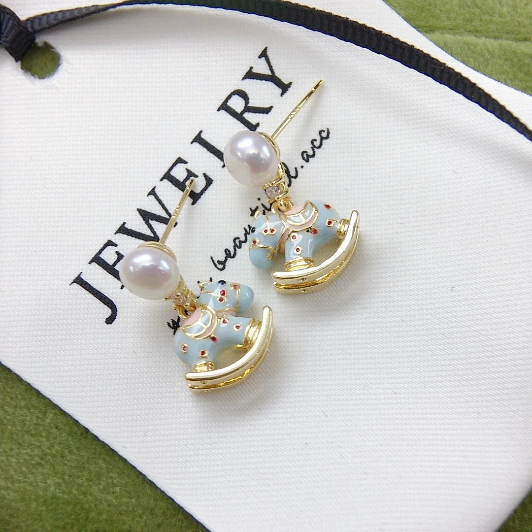 Playful Gold-Plated Rocking Horse Freshwater Pearl Drop Earrings