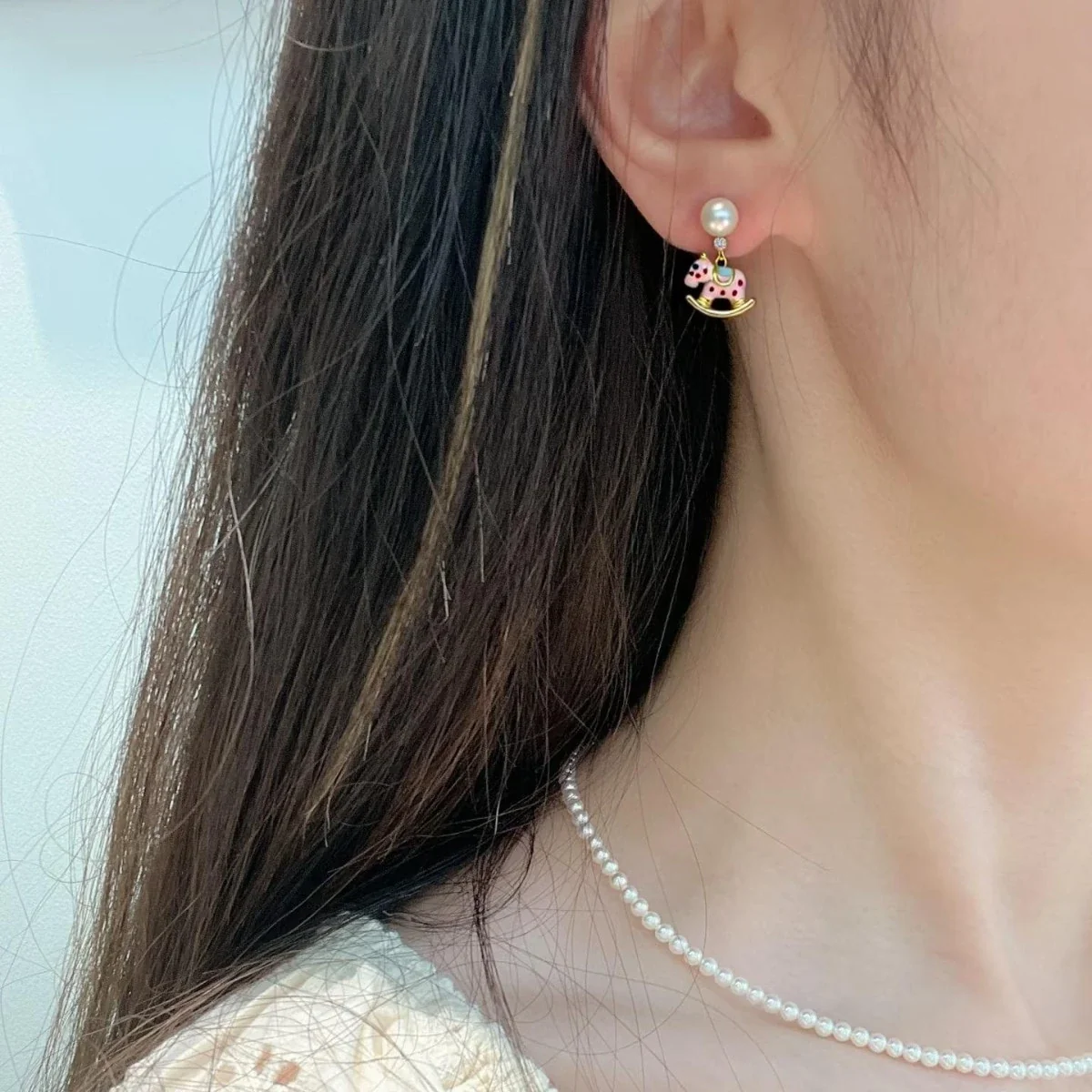 Playful Gold-Plated Rocking Horse Freshwater Pearl Drop Earrings