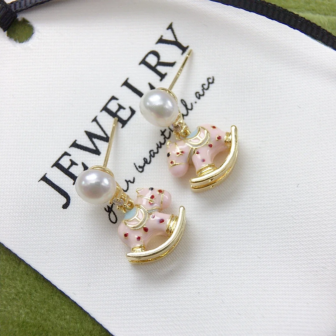 Playful Gold-Plated Rocking Horse Freshwater Pearl Drop Earrings - Pink