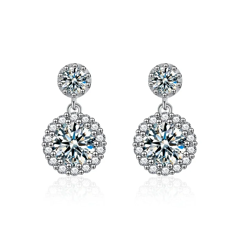 Radiant 925 Sterling Silver Double Halo Drop Moissanite Stud Earrings