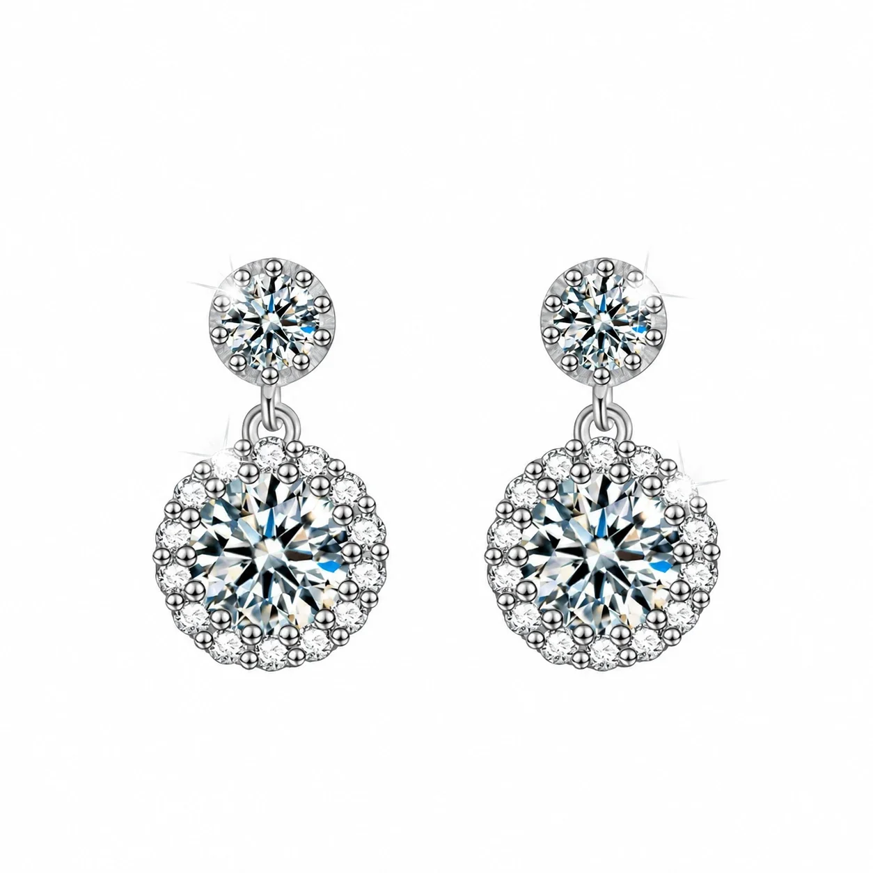 Radiant 925 Sterling Silver Double Halo Drop Stud Earrings