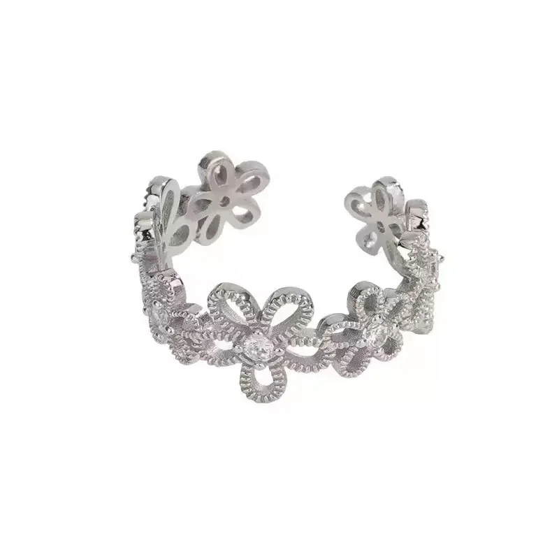 Botanical 925 Sterling Silver Ribbed Openwork Flower Ring - Silver