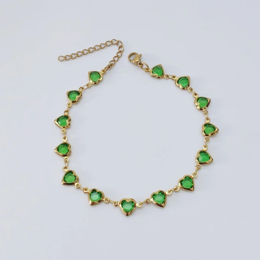 Vibrant Gold-Tone Heart Glass Stones Stainless Steel Anklet