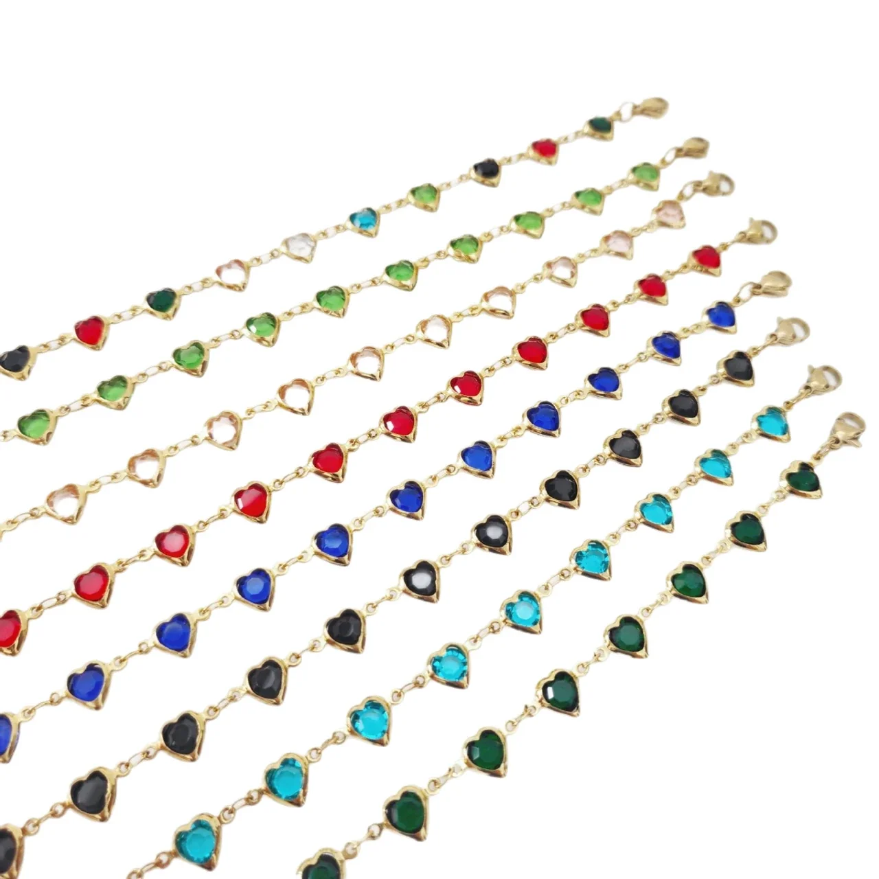 Vibrant Gold-Tone Heart Glass Stones Stainless Steel Anklet