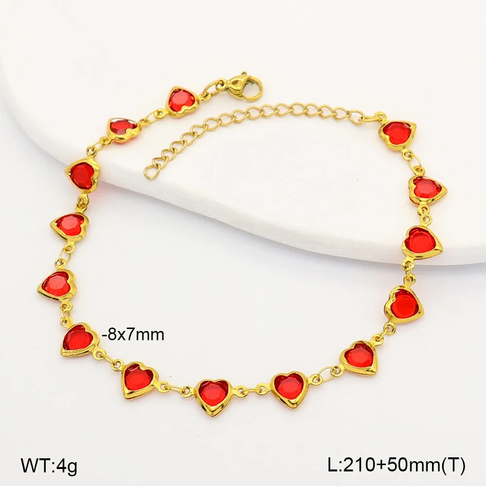 Vibrant Gold-Tone Heart Glass Stones Stainless Steel Anklet - Red