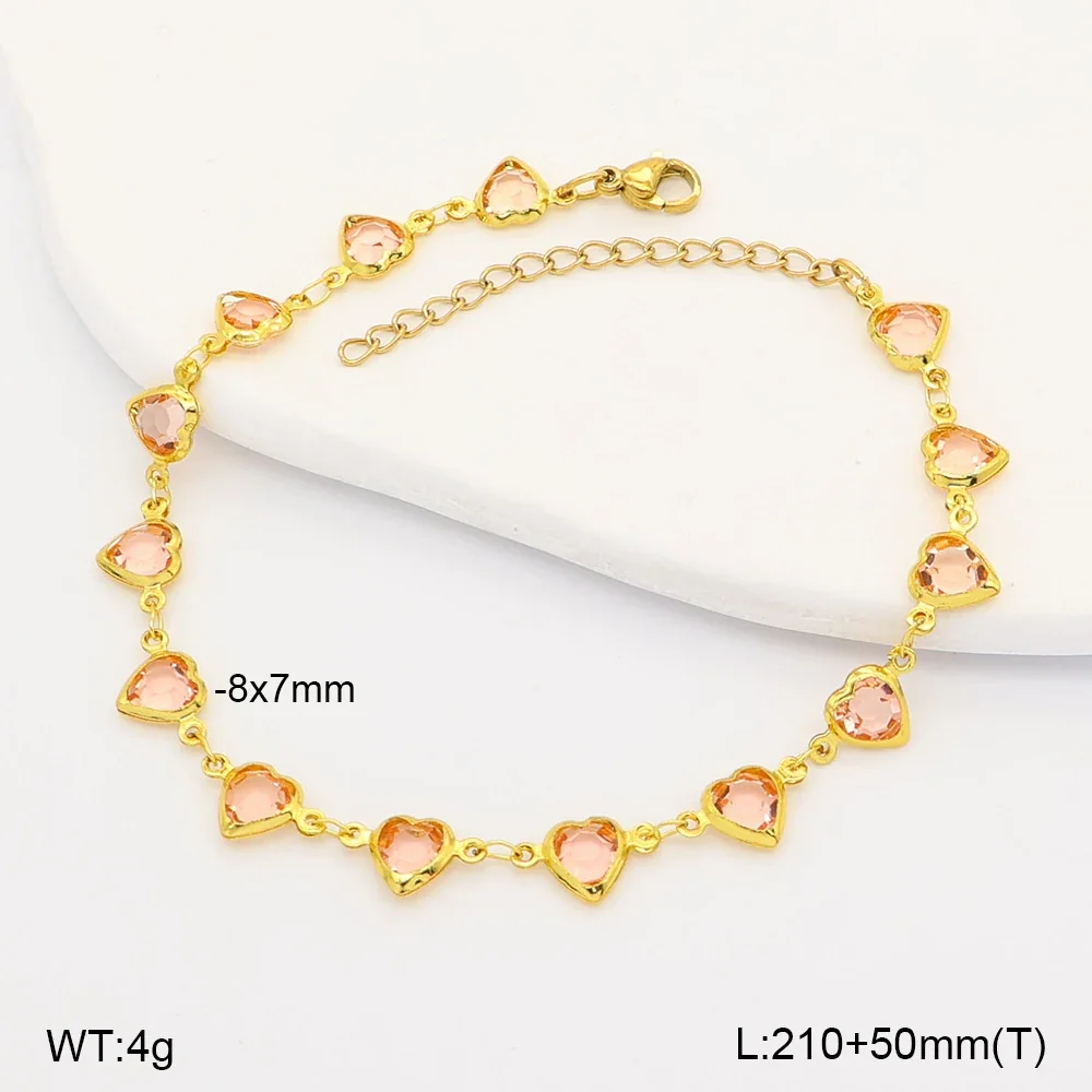 Vibrant Gold-Tone Heart Glass Stones Stainless Steel Anklet - Pink