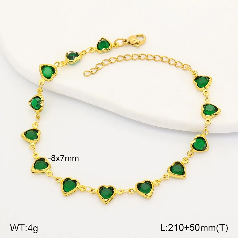 Vibrant Gold-Tone Heart Glass Stones Stainless Steel Anklet - Dark Green