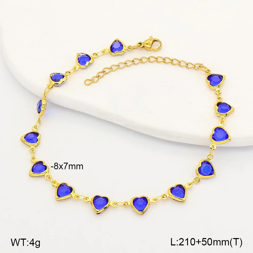 Vibrant Gold-Tone Heart Glass Stones Stainless Steel Anklet - Blue