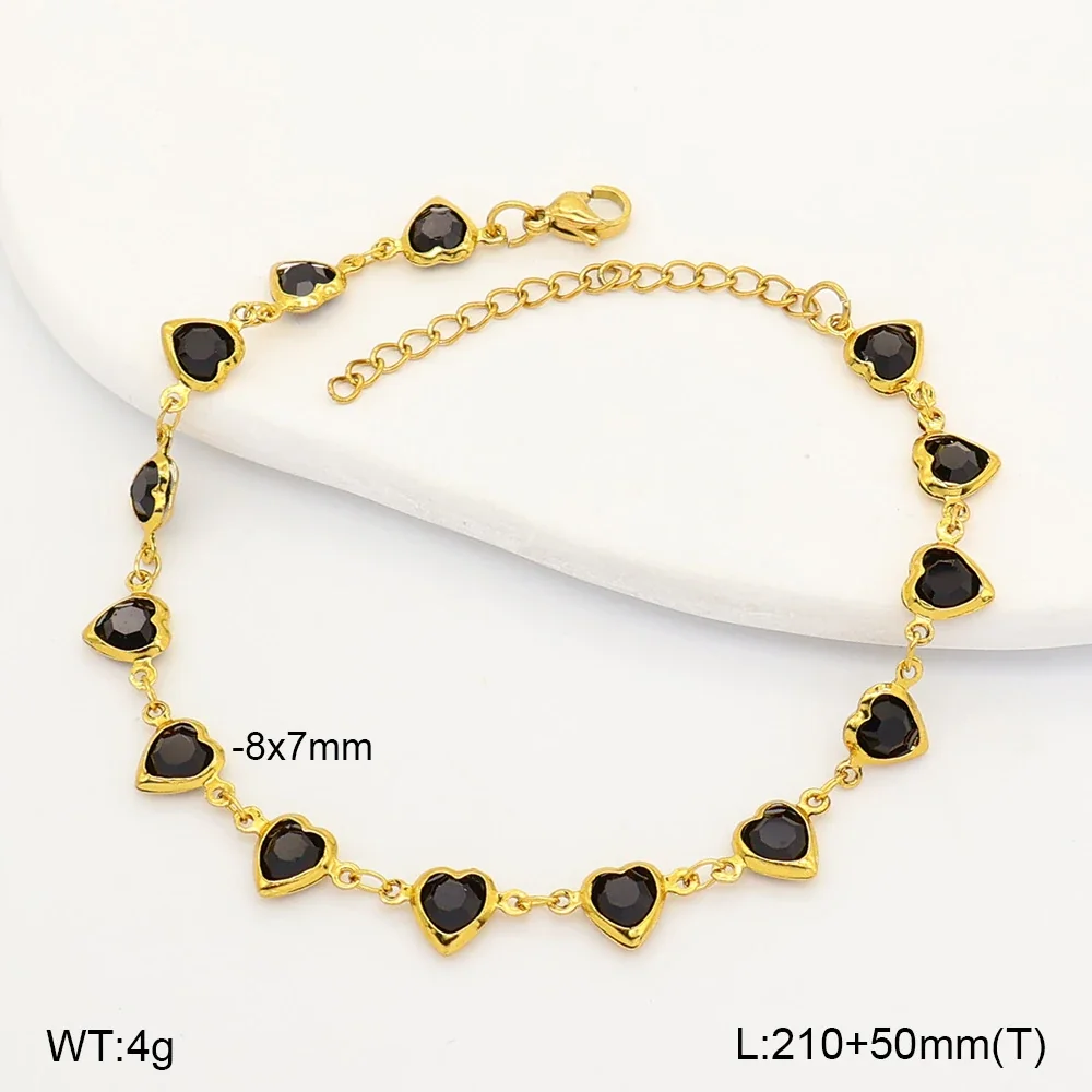 Vibrant Gold-Tone Heart Glass Stones Stainless Steel Anklet - Black