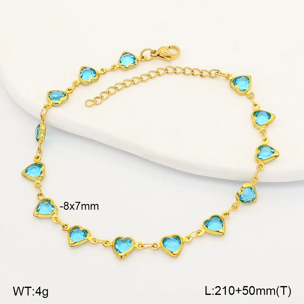 Vibrant Gold-Tone Heart Glass Stones Stainless Steel Anklet - Sky Blue