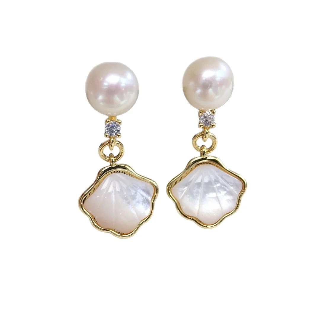 Luminous Gold-Plated Round Freshwater Pearl Shell Drop Earrings