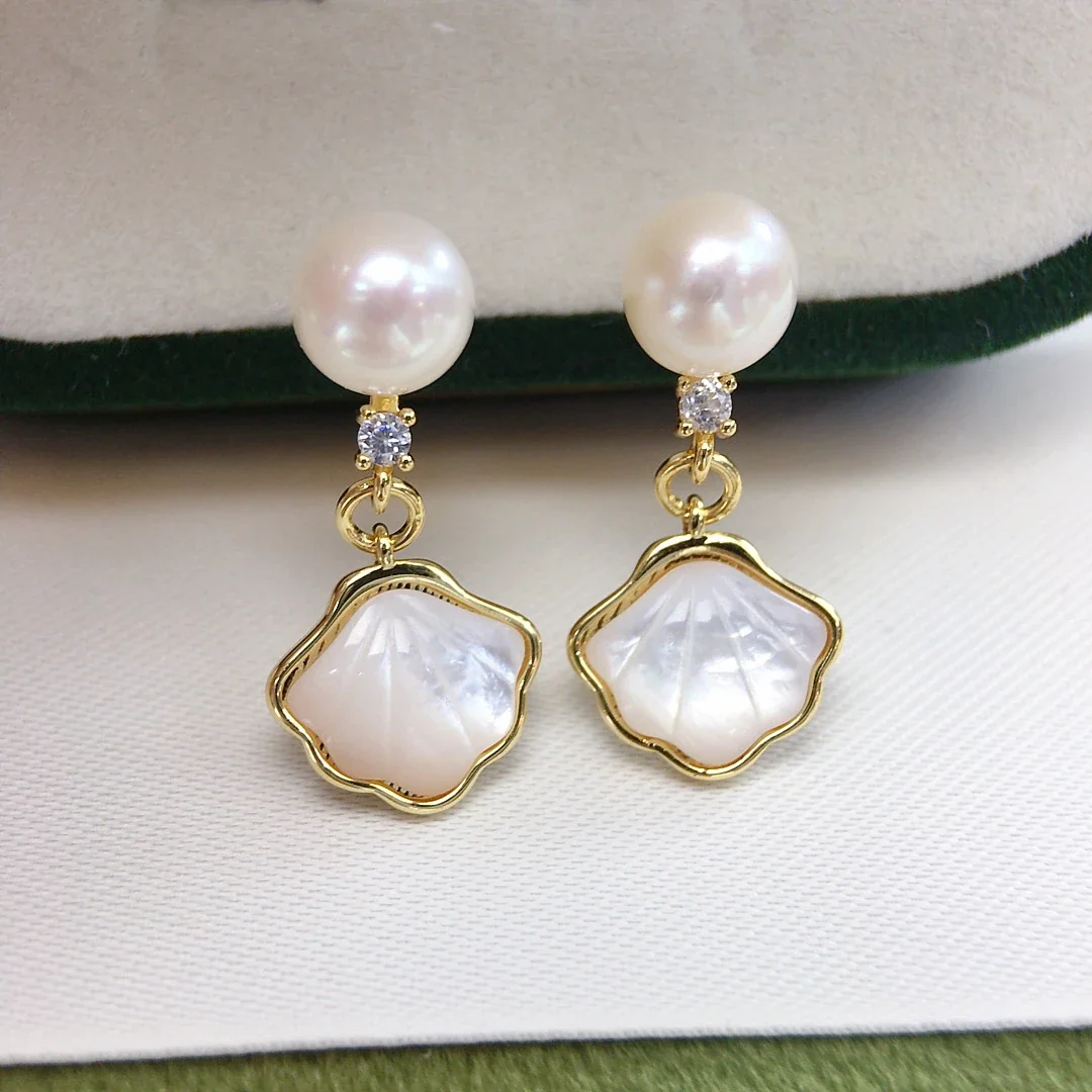 Luminous Gold-Plated Round Freshwater Pearl Shell Drop Earrings