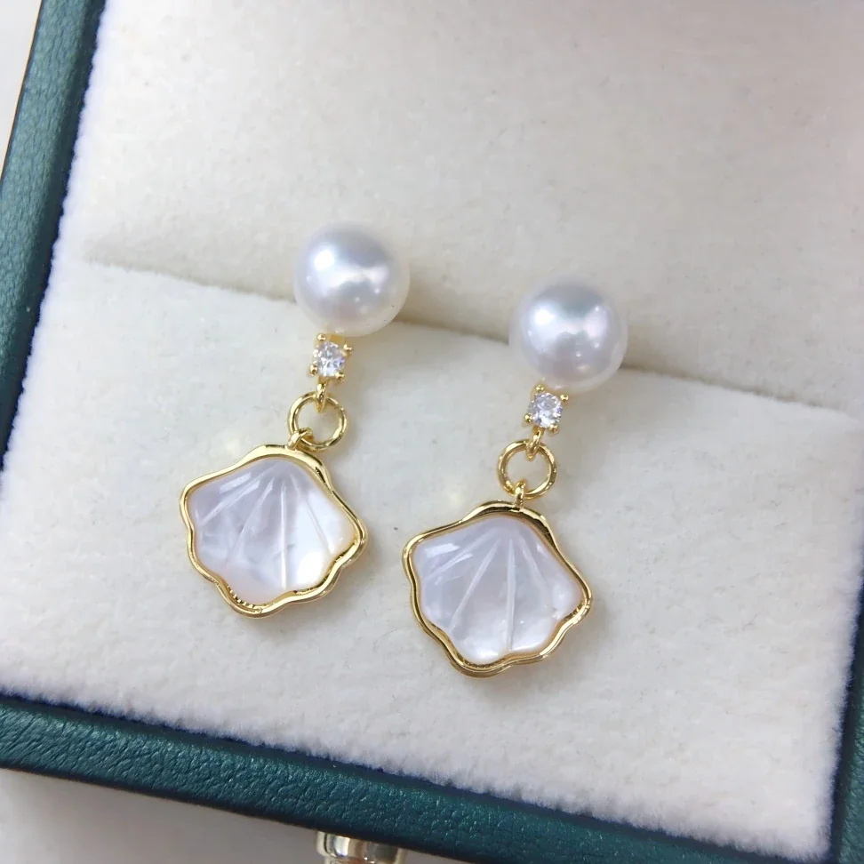 Luminous Gold-Plated Round Freshwater Pearl Shell Drop Earrings