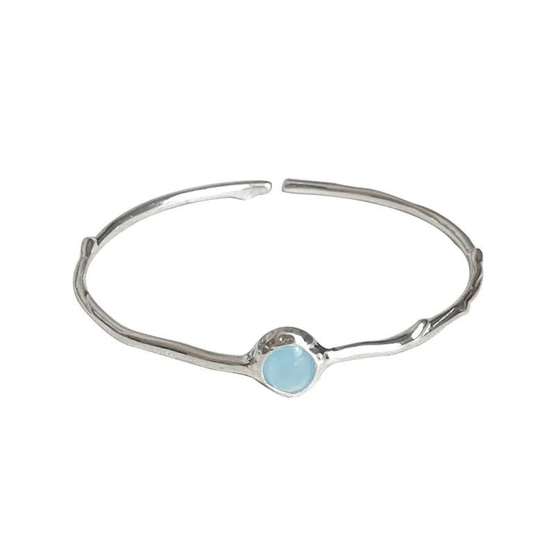Organic Open-Cuff Round Blue Stone 925 Sterling Silver Bangle