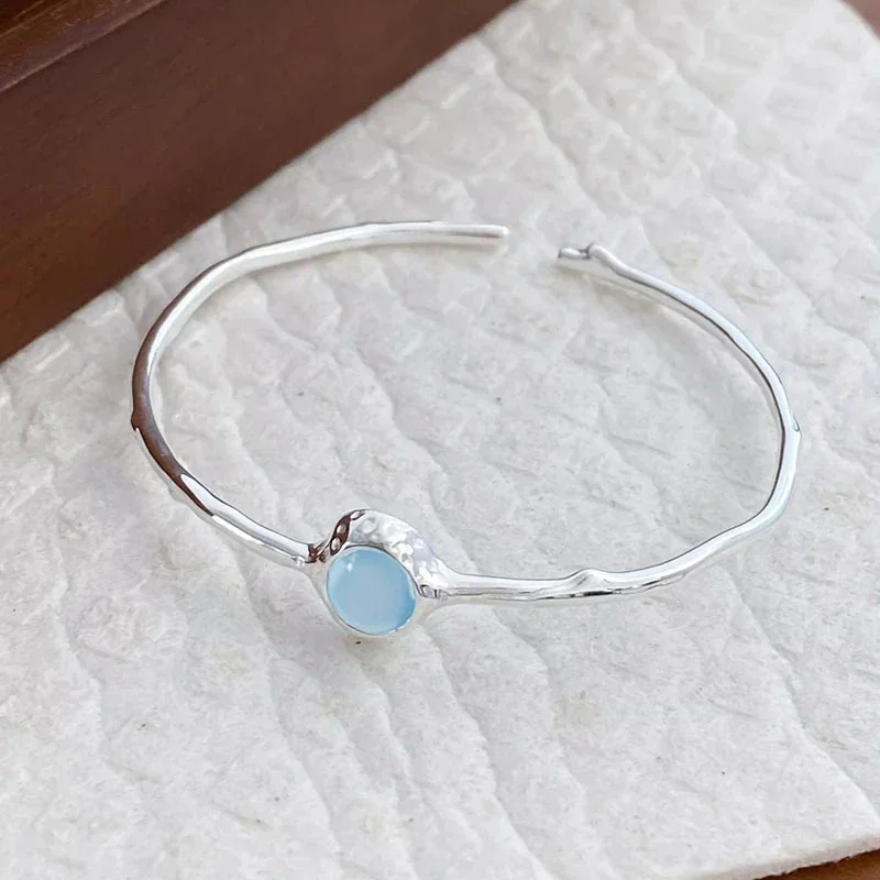Organic Open-Cuff Round Blue Stone 925 Sterling Silver Bangle