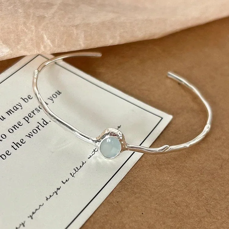 Organic Open-Cuff Round Blue Stone 925 Sterling Silver Bangle - Silver