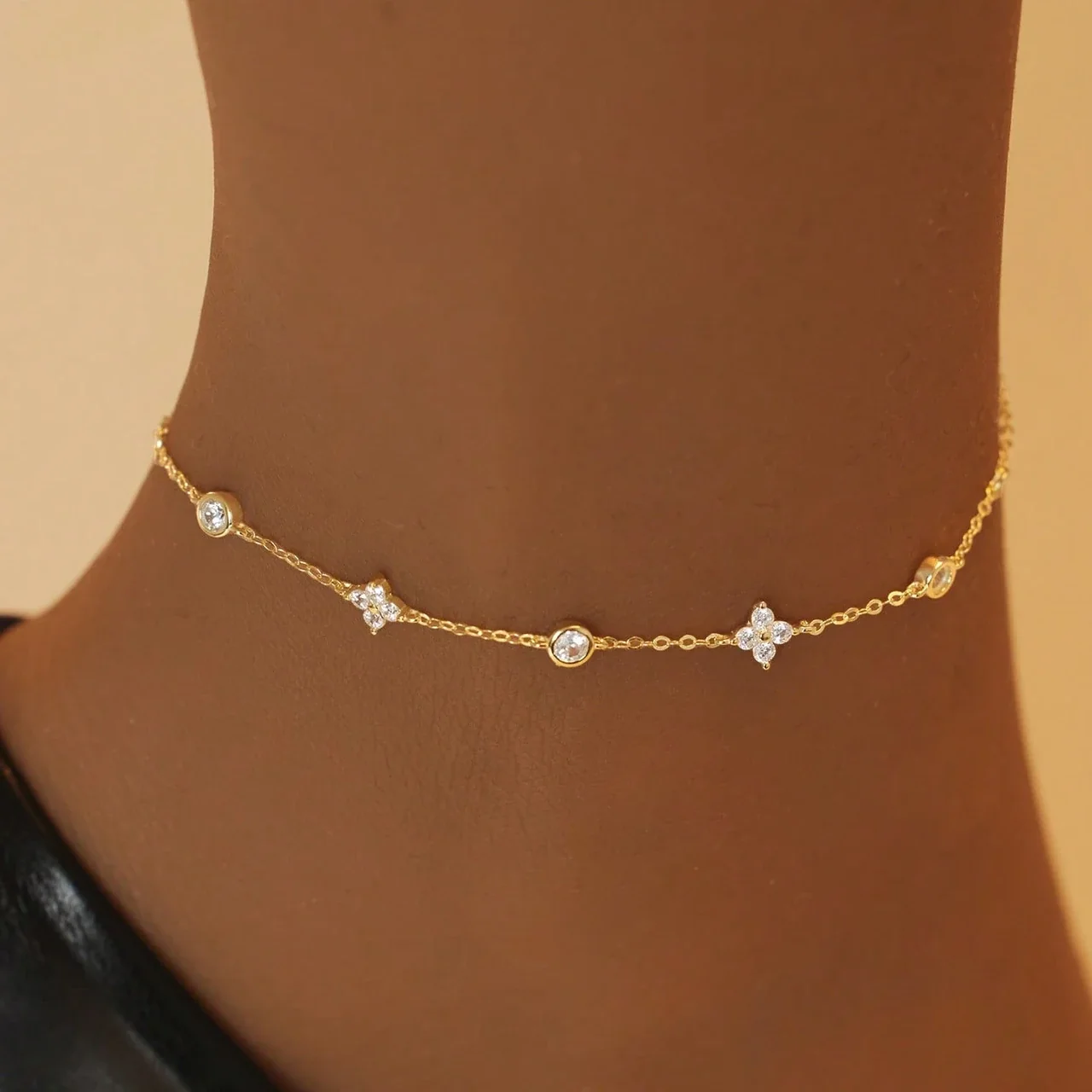 Delicate 925 Sterling Silver Clover Bezel CZ Anklet
