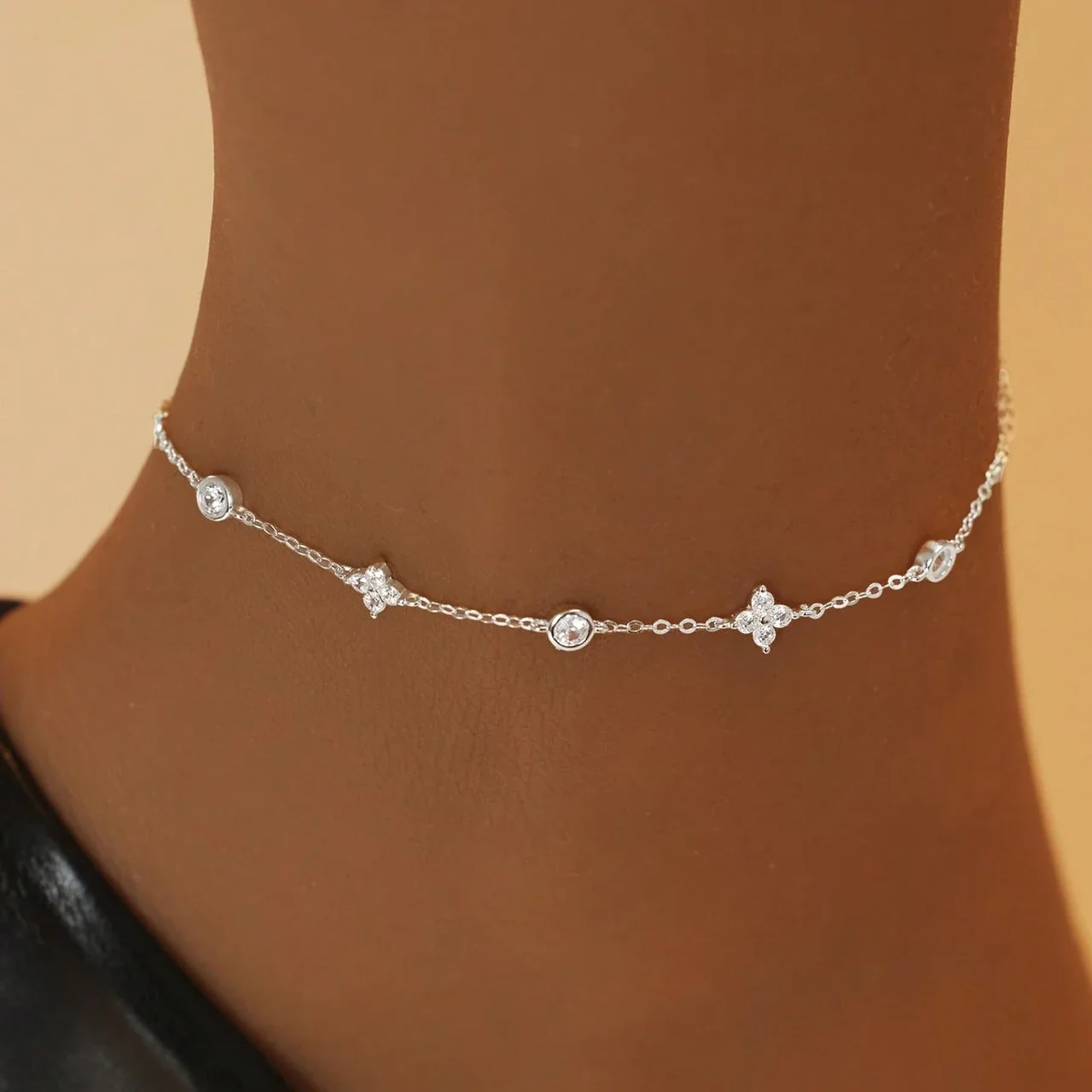 Delicate 925 Sterling Silver Clover Bezel CZ Anklet