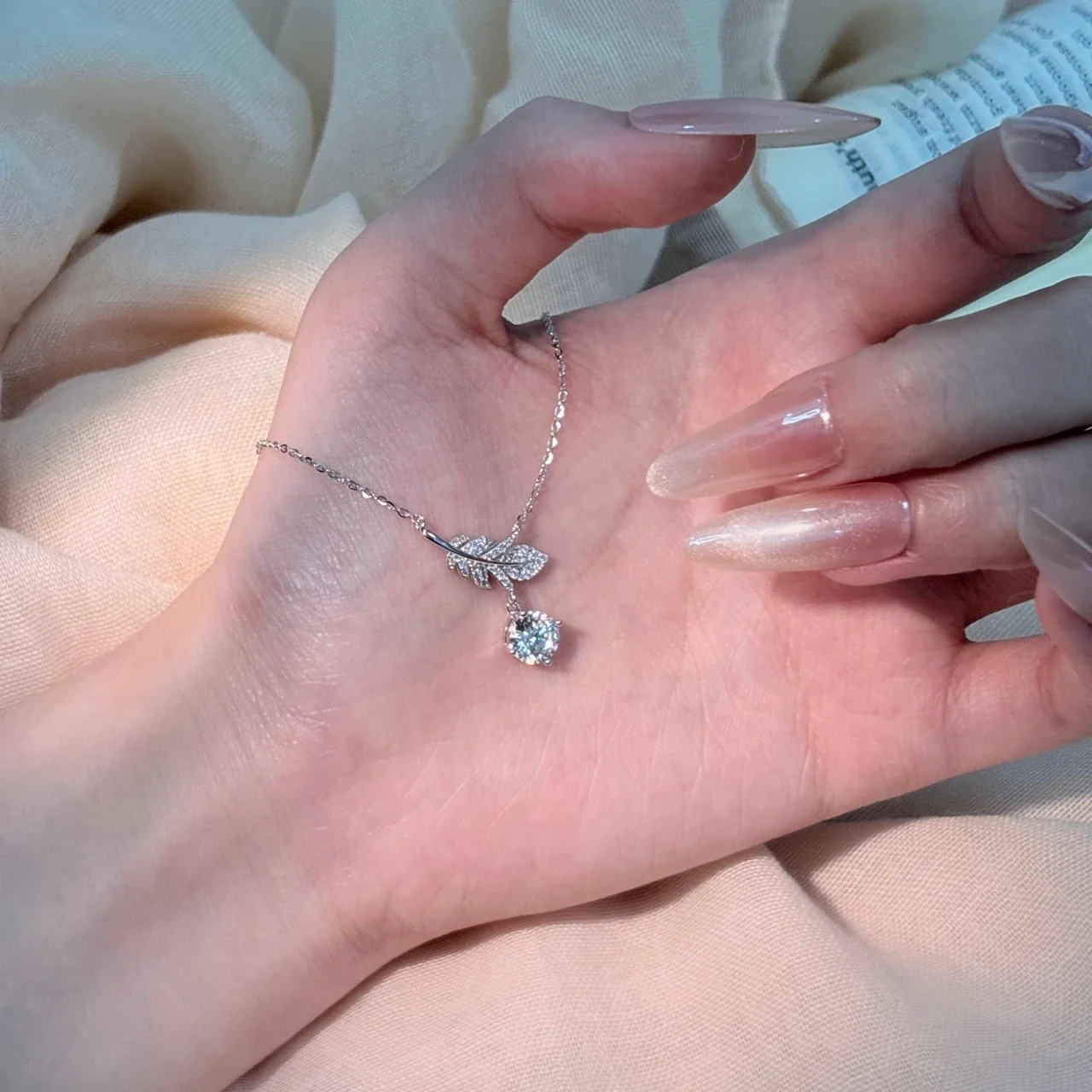 Luminous Pavé Feather 925 Sterling Silver Drop Necklace