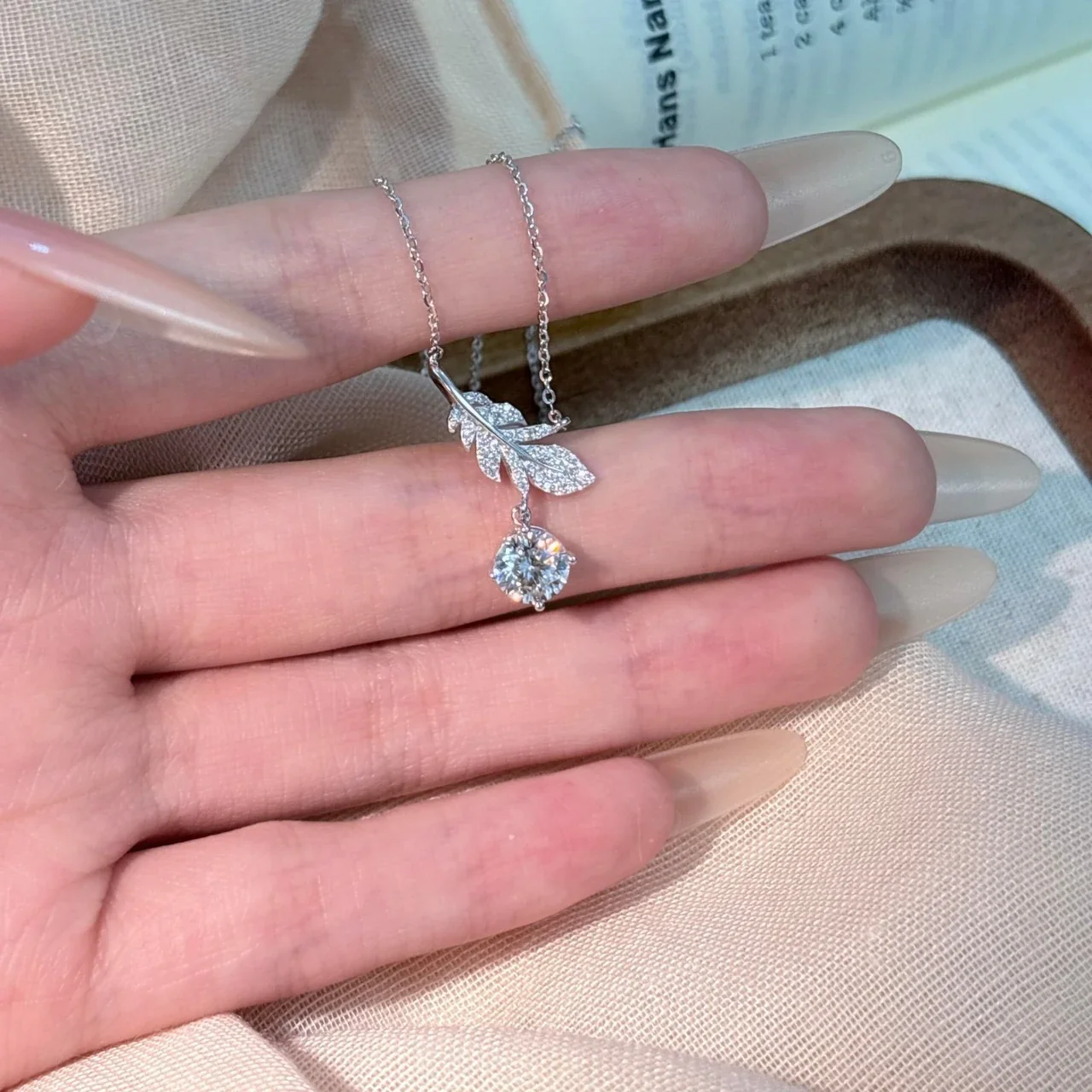 Luminous Pavé Feather 925 Sterling Silver Drop Necklace