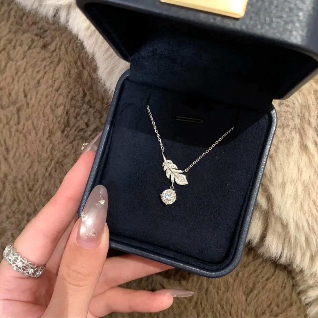 Luminous Pavé Feather 925 Sterling Silver Drop Necklace