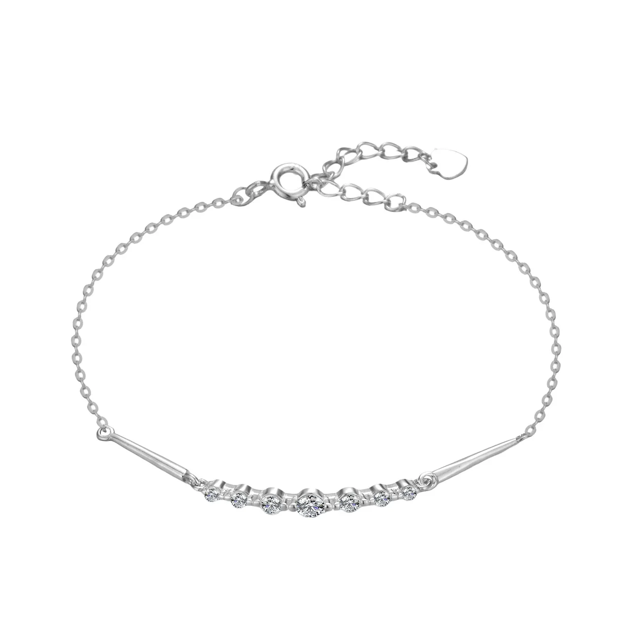 Delicate Graduated Round CZ Bar 925 Sterling Silver Bracelet