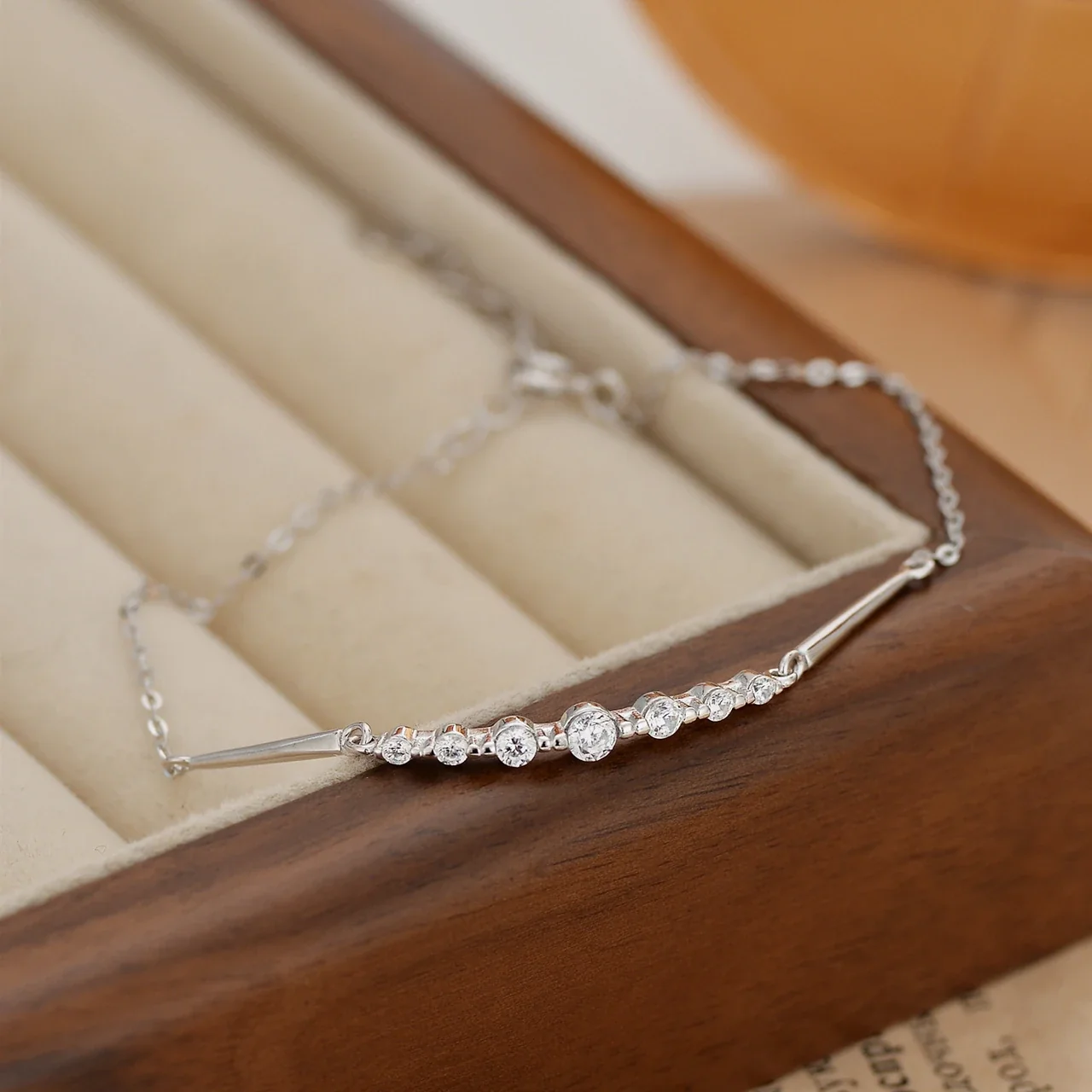 Delicate Graduated Round CZ Bar 925 Sterling Silver Bracelet