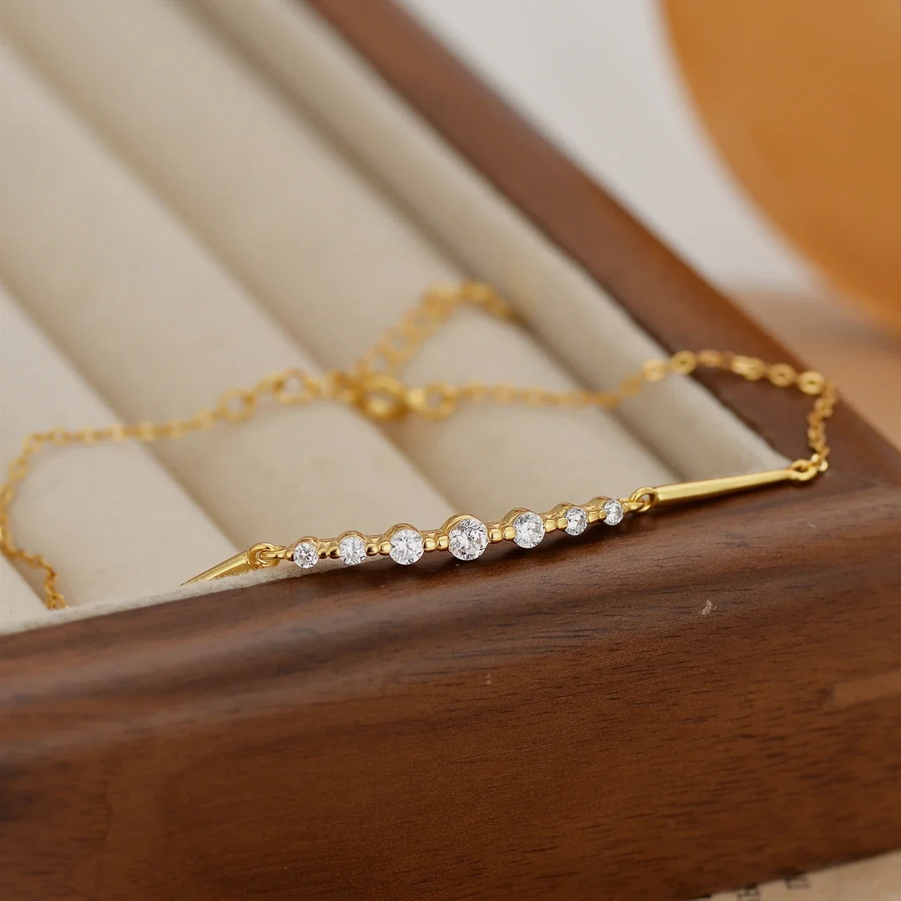 Delicate Graduated Round CZ Bar 925 Sterling Silver Bracelet
