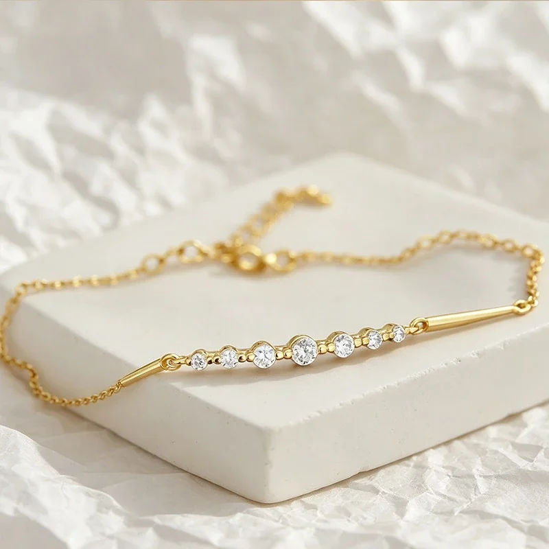 Delicate Graduated Round CZ Bar 925 Sterling Silver Bracelet - Gold