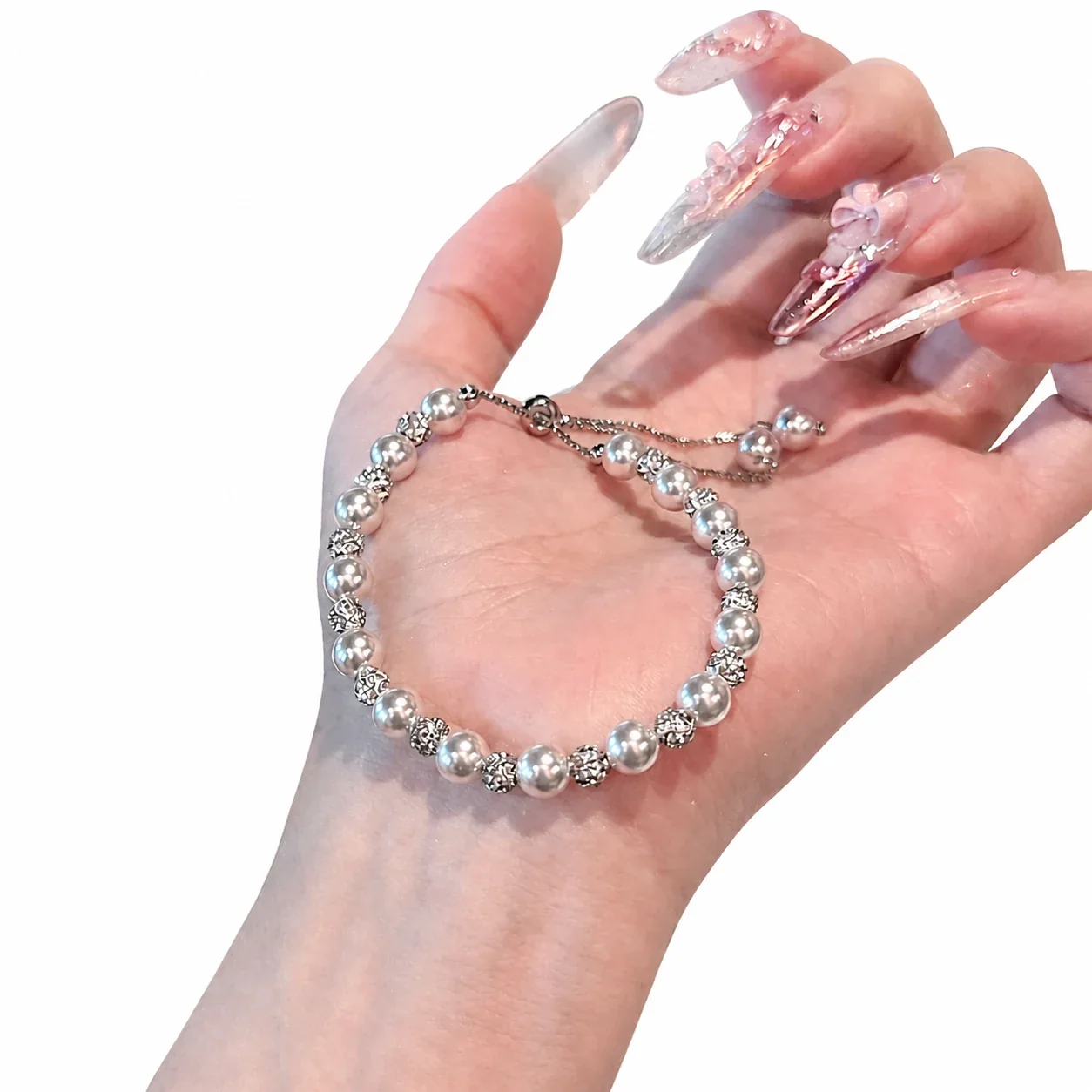 Luminous Silver-Plated Pearl Bead Crystal Ball Bracelet