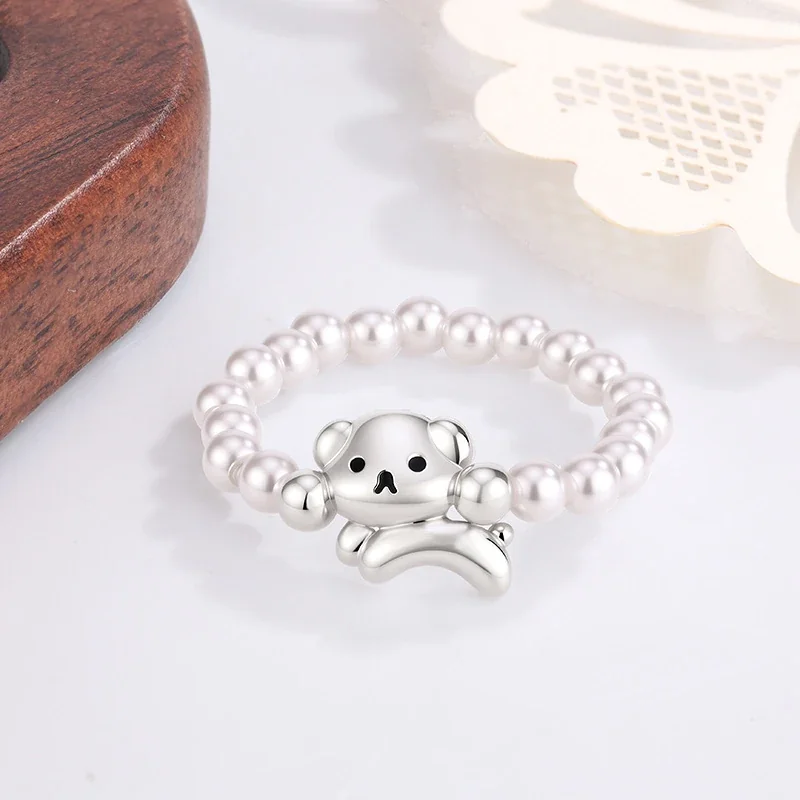 Playful Silver-Plated Puppy Charm Pearl Bead Ring