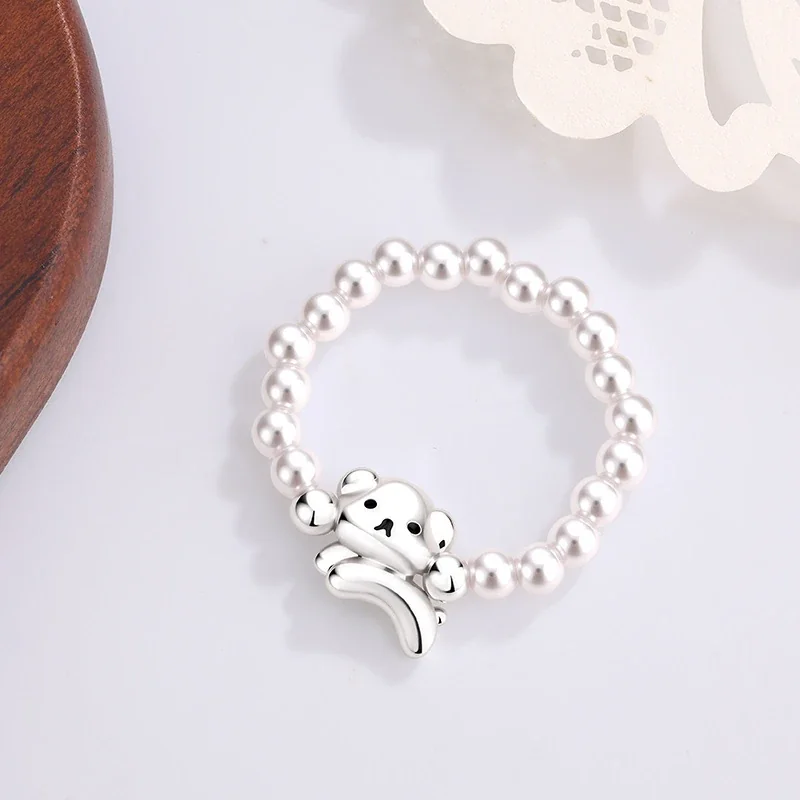 Playful Silver-Plated Puppy Charm Pearl Bead Ring