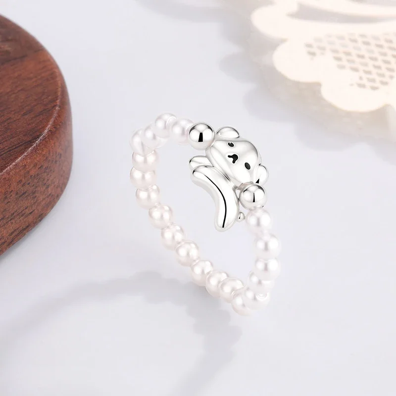 Playful Silver-Plated Puppy Charm Pearl Bead Ring