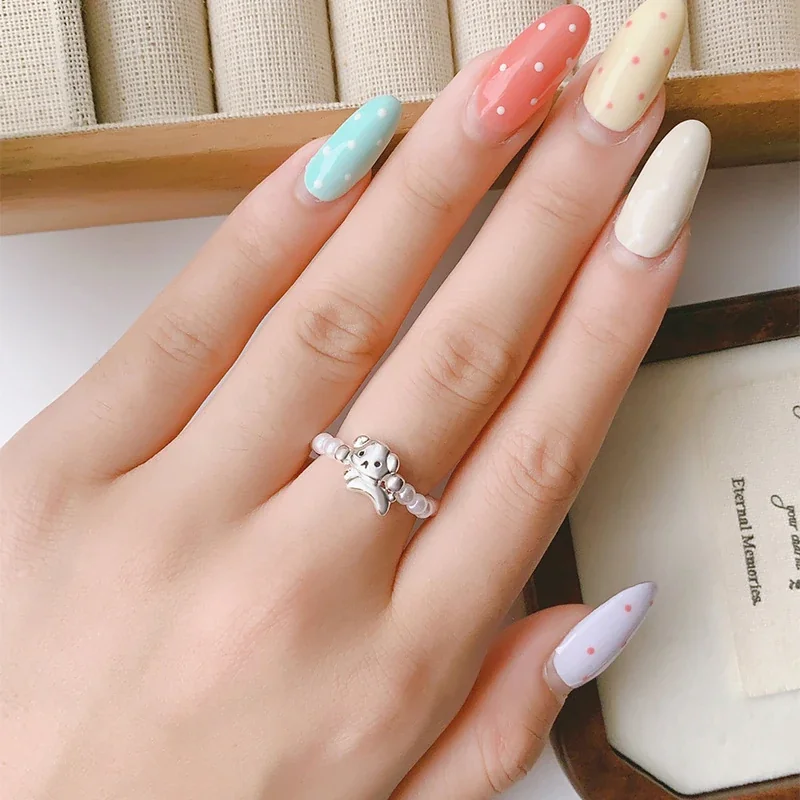 Playful Silver-Plated Puppy Charm Pearl Bead Ring