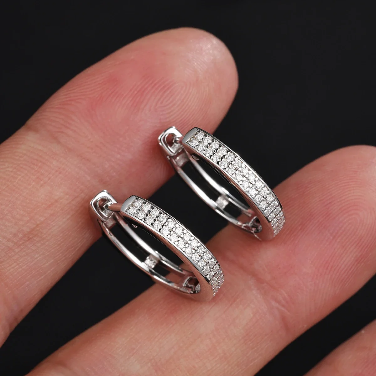 Polished 925 Sterling Silver Pavé Huggie Hoop Earrings